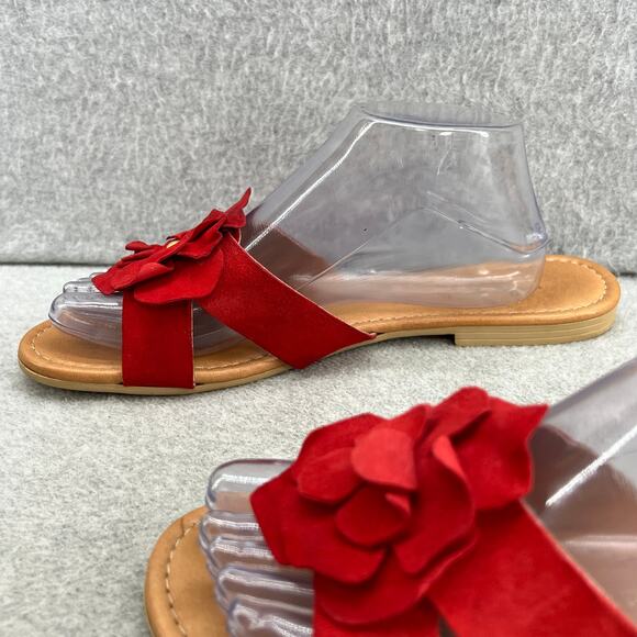 Mila Paoli Floral Suede Leather Slip On Flat Slide Sandal-Red Flower-Women 9.5 - Picture 11 of 13